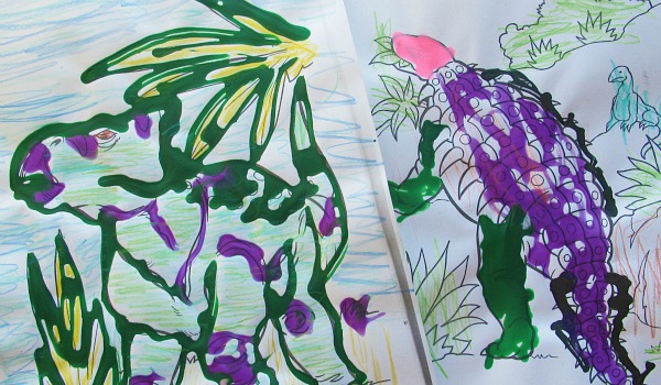 coloring activities with colored glue- green and purple dinosaurs with paint