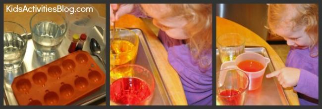 color mixing with red, orange, and yellow with an ice tray