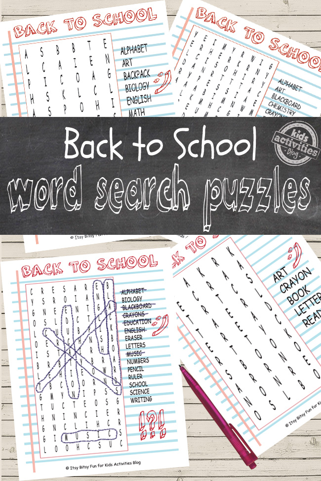 Back to School Word Search Puzzles - pdf version of school word search worksheets shown in different grade levels on white background