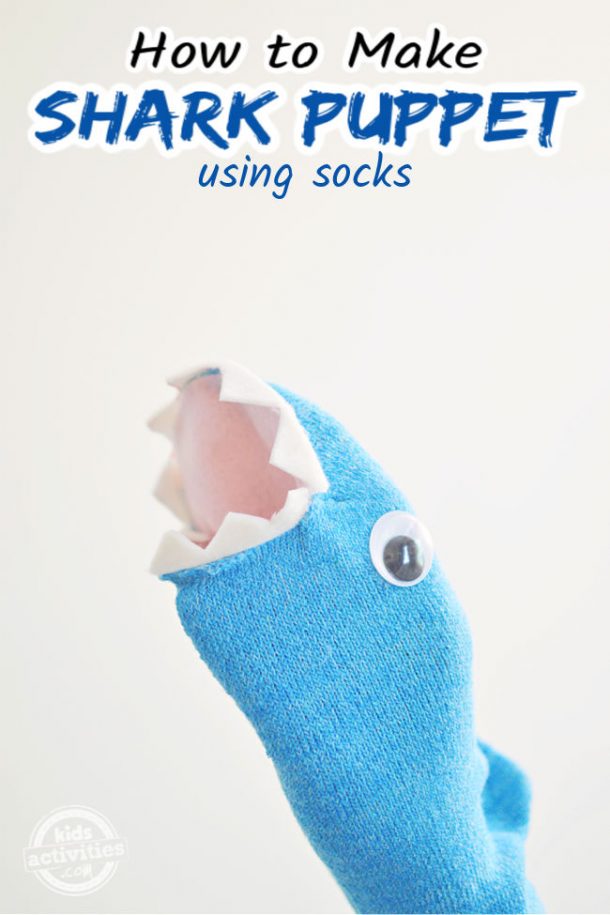 A cute shark puppet using socks is shown - How to make a shark sock puppet - Kids Activities Blog