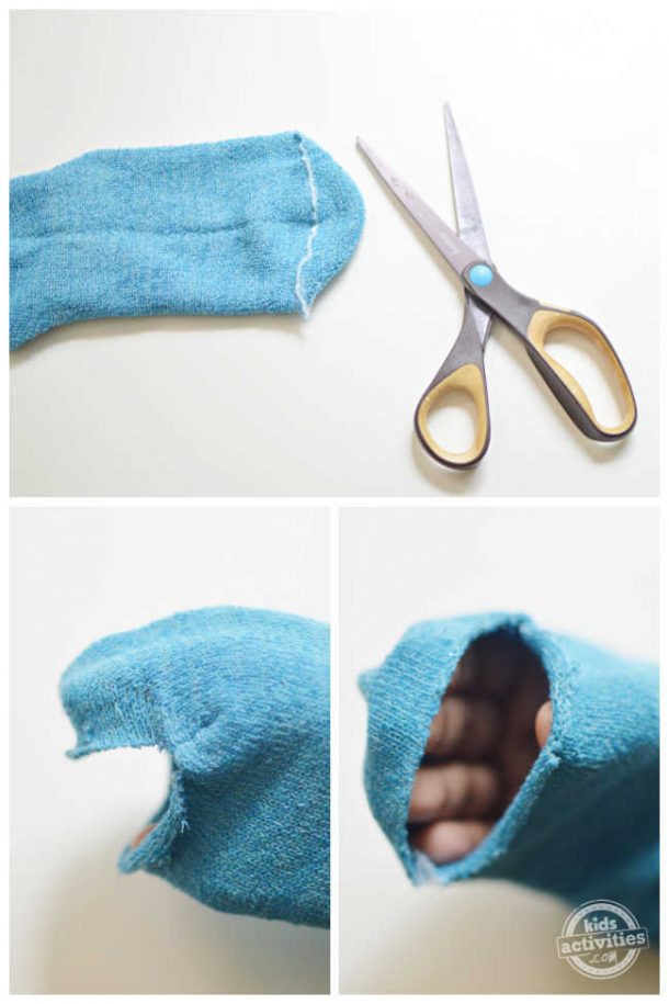 A blue sock is cut to make the shark mouth opening