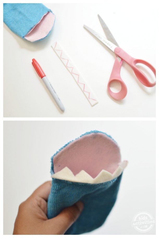 A zig zag pattern is made onto a piece of white felt for shark's teeth to make the shark sock puppet