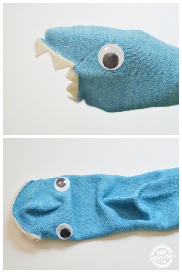 Wear the sock into te hands and glue one of the eyes and take it out and place the other eyes to finish the shark puppet