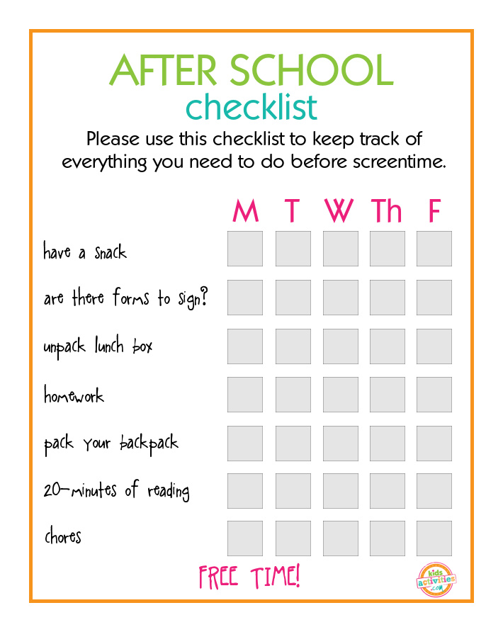 after school printable checklist