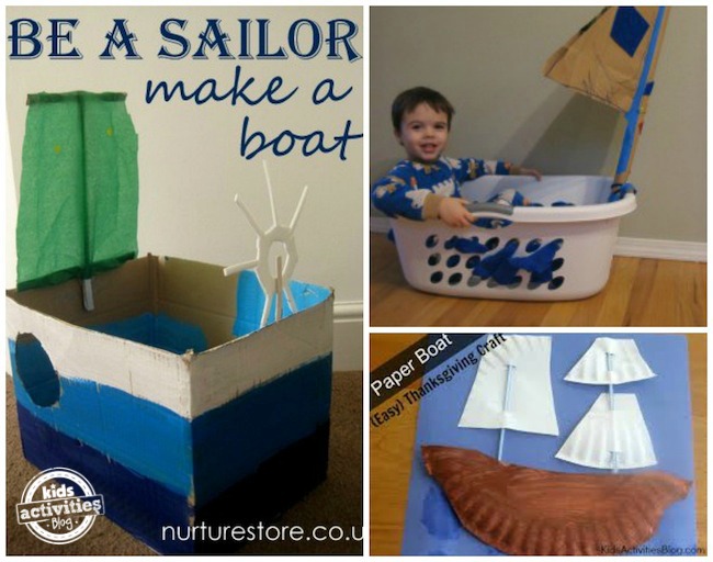 cardboard sailboat, paper plate ship, laundry basket boat