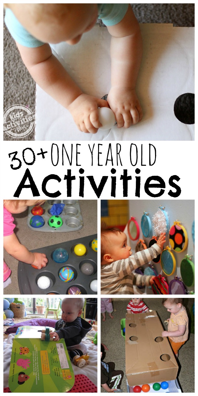 Activities for 1-Year-Olds- play with muffin pans, mirrors, boxes, and green books.
