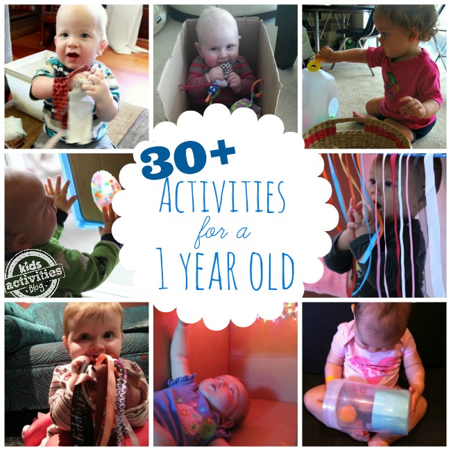 Activities for 1-Year-Olds! Tickle ribbon toy, putting pom poms in a bottle, a milk jug.