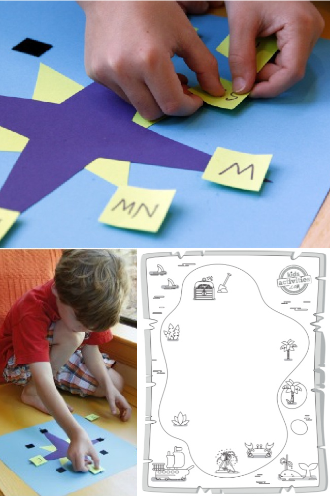Compass rose project for kids - compass rose created with craft paper to practice the cardinal directions and a treasure map worksheet that can be printed to practice.