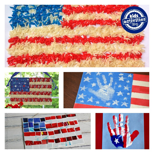 US Flag painting using handprints, paper, and rice.