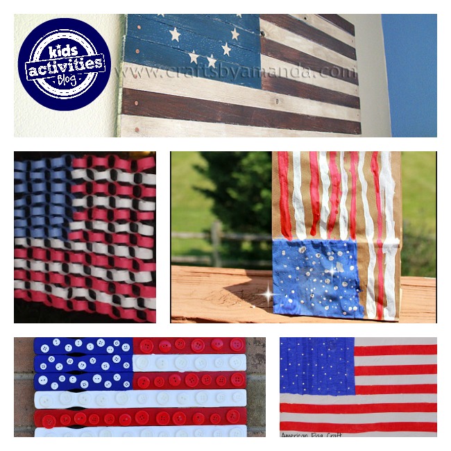 American flags for kids using wood, paper, paint, and buttons.