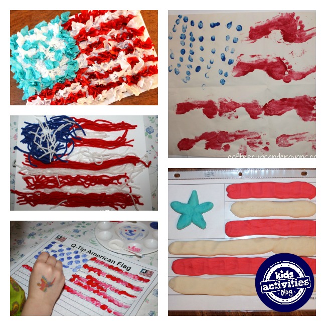 American flag crafts using playdough, paint, yarn, and more.