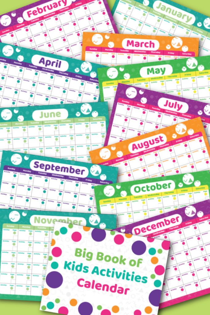 The Big Book of Kids Activities calendar pdf - 12 months shown with the cover