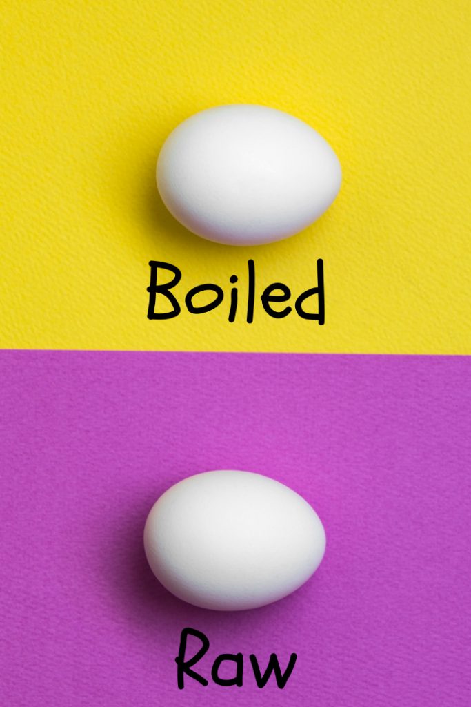 Egg Spin Test to Determine if egg is cooked or raw - Kids Activities Blog - two eggs shown one on yellow background with the word "boiled" and the other on a purple background with the word "raw"