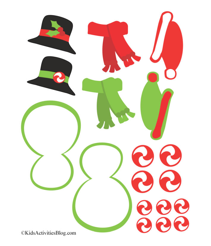 Cute printable snowman decorations - top hat with holly, red and green scarves, elf caps, red swirl candy and snowman icing with green piping.