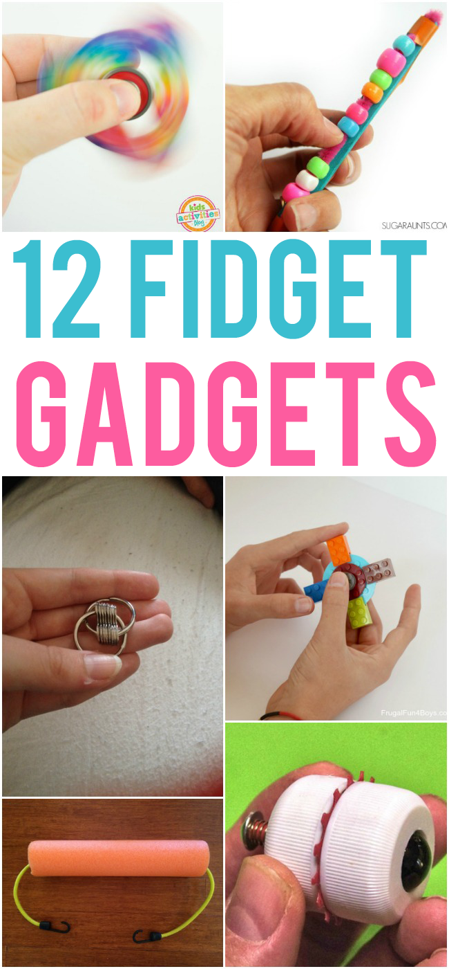 12 DIY Fidget Tools for Kids - 5 fun fidget toys pictured like lego spinner, wheel spinner, interlocking rings fidget