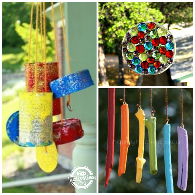 3 colorful outdoor craft projects: homemade can wind chimes, bead suncatcher and colorful hanging sticks
