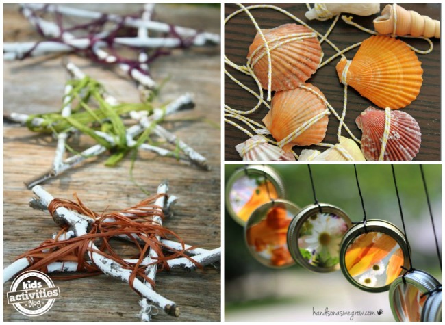 3 outdoor projects made with nature: stick and twine stars, shell wind chimes, colorful flower wind chimes