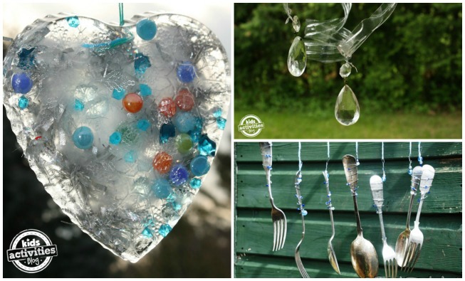 3 outdoor crafts to do with kids - hanging ice heart, water bottle whirly gigs, hanging flatware wind chimes