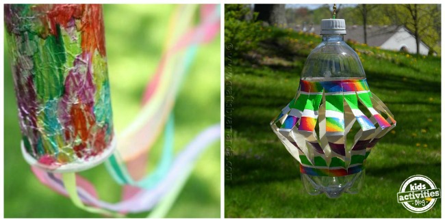 2 outdoor crafts for kids to make colorful windsock and rainbow water bottle spinner