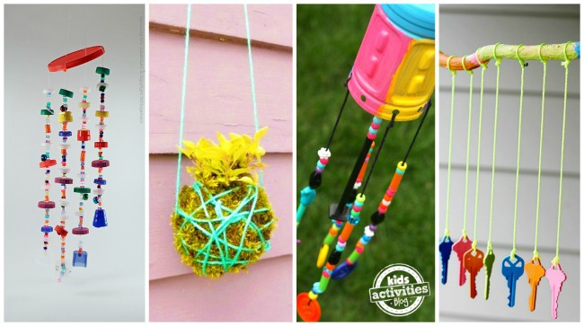 4 outdoor craft projects for kids: how to make a bead wind chime, easy hanging garden, preschool beaded wind chime and key wind chime to make at home