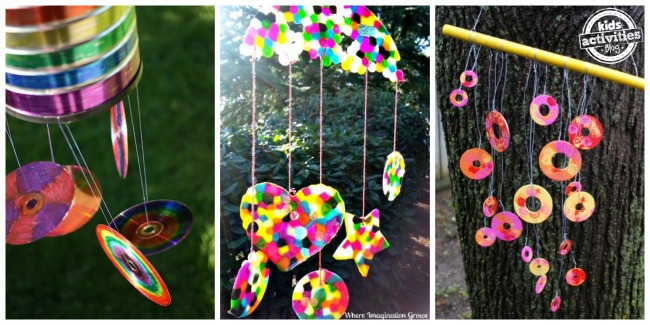 3 outdoor ornaments to make with kids - recycled CD wind chime, melted bead suncatcher wind chime and nuts wind chime