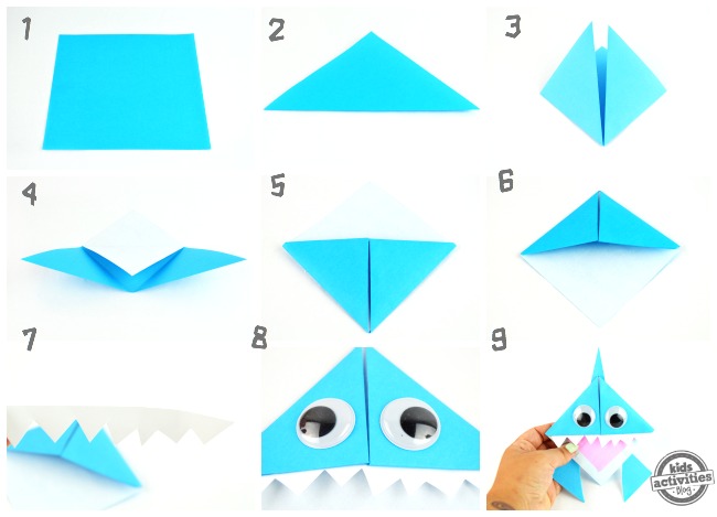 Origami Shark Bookmark Steps for folding the origami shark and adding embellishments - steps shown are 1-9 starting with a flat piece of 6x6 paper and ending with a folded origami shark bookmark finished
