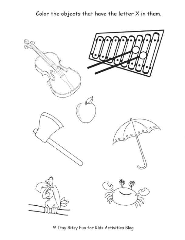color the objects that have the letter x in them