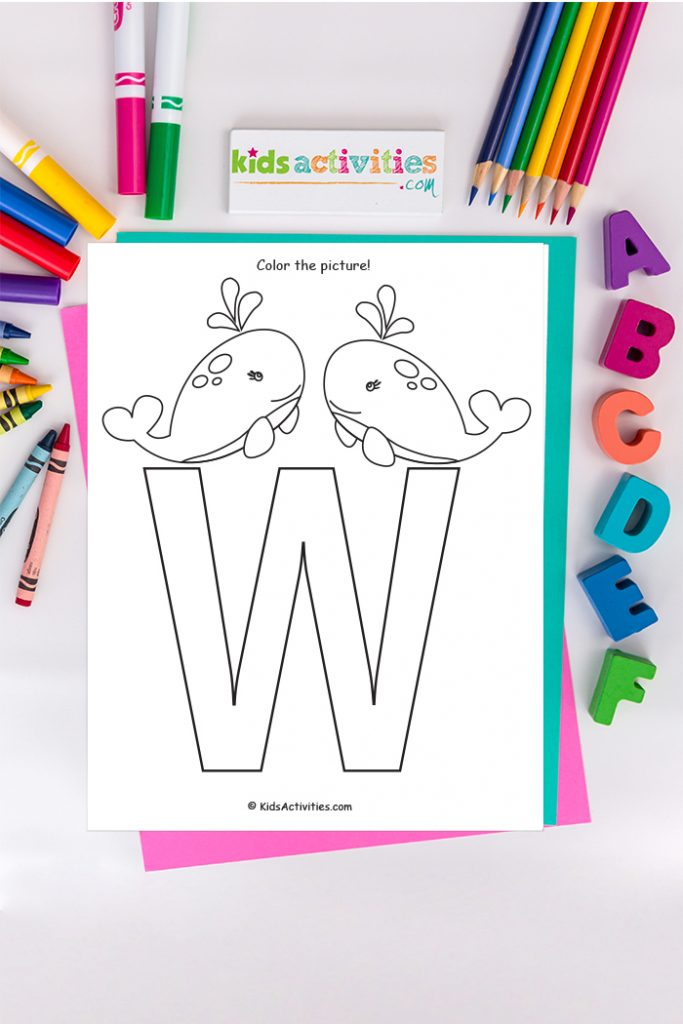 letter w coloring page Kids Activities Blog - color the picture of capital letter W with two whales spurting water on a background of ABCs crayons markers and colored pencils