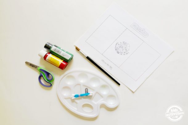 supplies for making mexican flag activity using earbuds stamping method which includes washable paints, earbuds, paint palette ,, paintbrush, free printable and scissors
