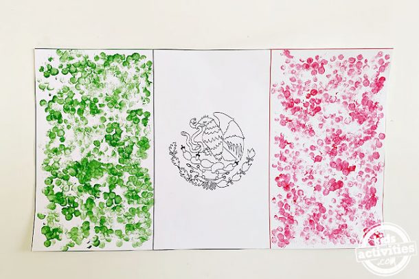 Mexican flag printable made using earbuds stamping shown