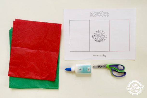 supplies for making mexican flag preschool activity using tissue paper, scissors, glue and free printable