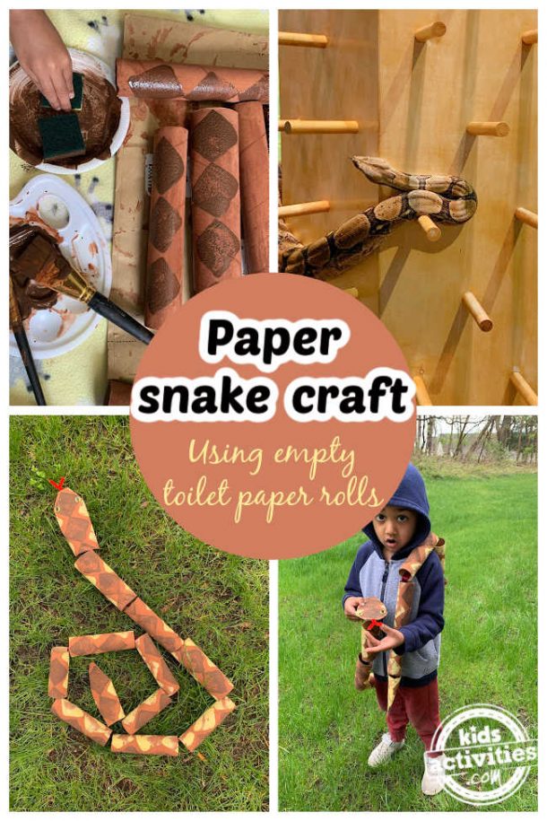 Collage of paper snake ,step by set instructions, real snake picture and a toddler wearing a paper snake 