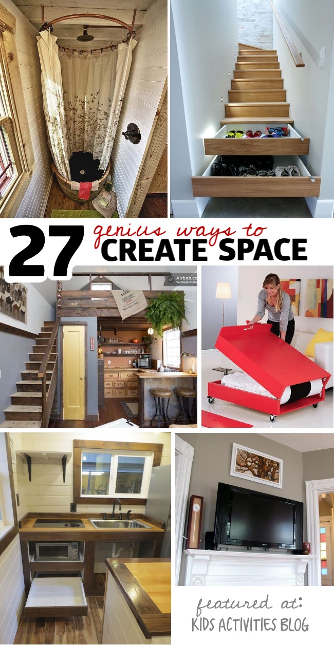 Small space hacks to make your home feel bigger with a small tub, stair storage, kitchen loft, coffee table bed, appliance nooks, and storage behind your TV.
