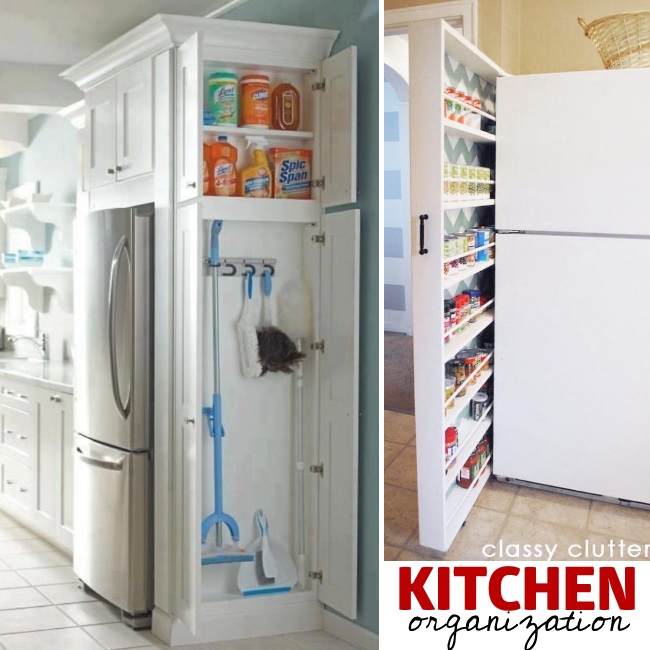 Organization for small spaces are perfect for the kitchen especially by the fridge with a built in cabinet and a moveable can storage shelf.