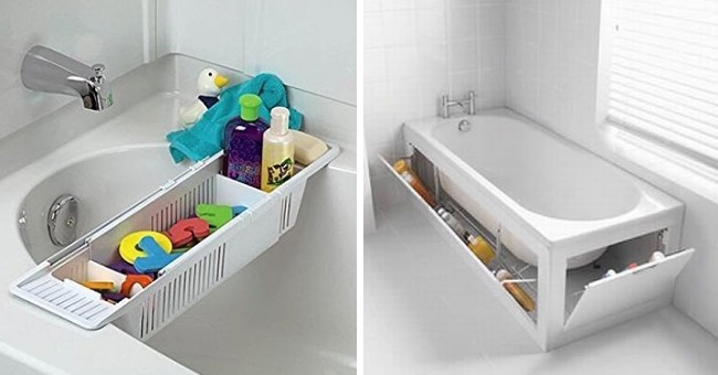 Small space organization hacks in the bathroom using baskets and space underneath the bathtub.