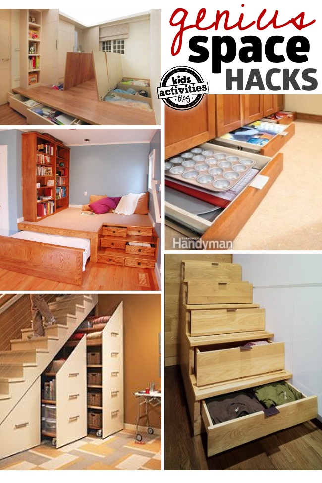 Small bedroom organization and stair organization using drawers and secret trap doors in the floor.