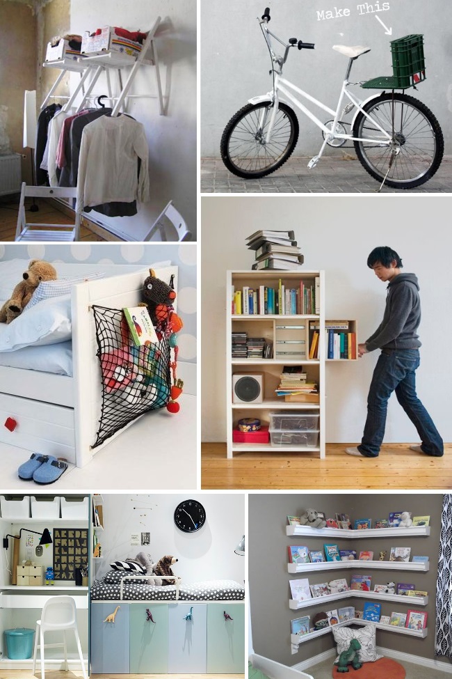 DIY organization ideas for small spaces using a net, making 1 seater bycicle into a 2 seater, bookshelves, and gutter shelves.