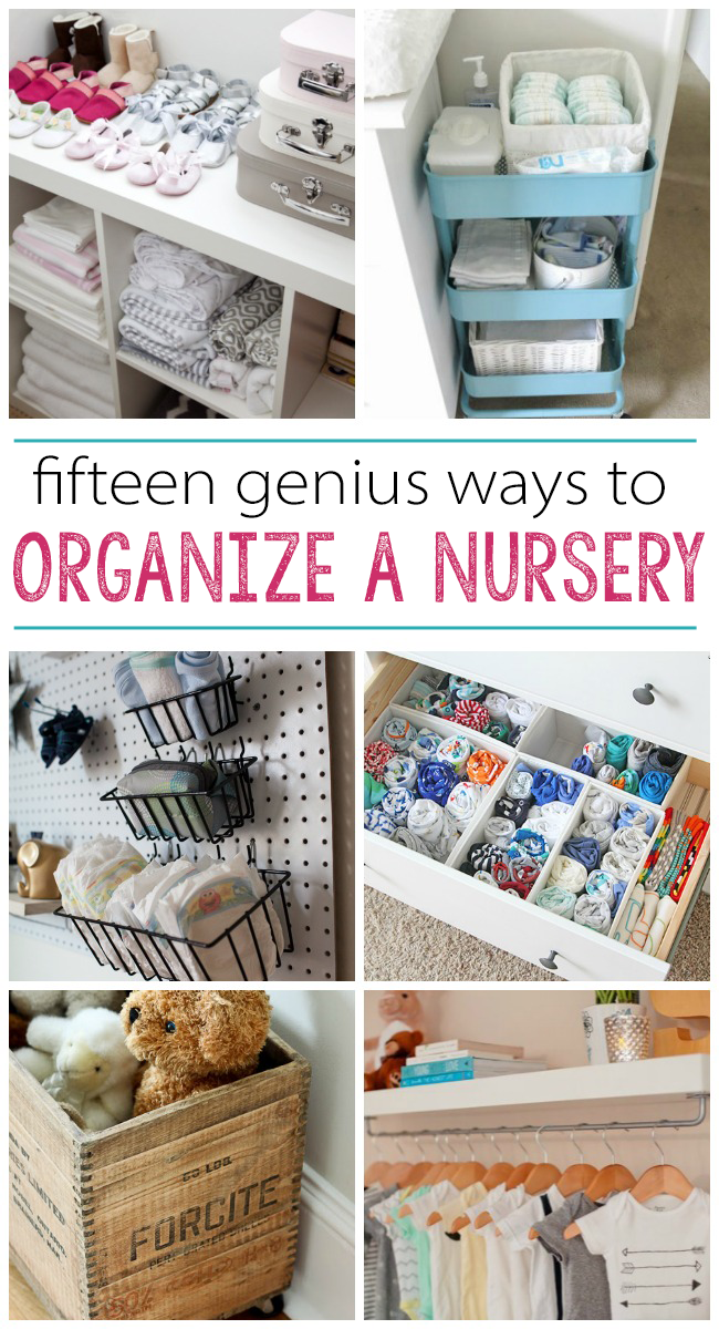 Small living space organization ideas to organize your nursery using garage cork board and baskets, drawer dividers, etc
