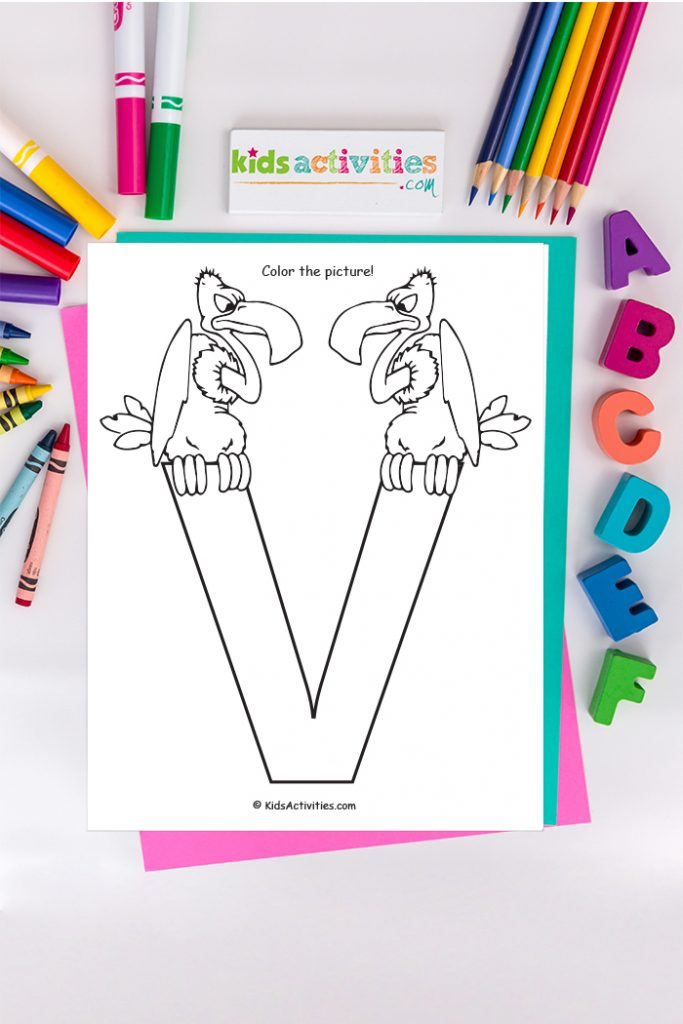 Letter V coloring page - Kids Activities Blog - color the picture of the capital letter V with two vultures on a background of ABCs crayons colored pencils and markers