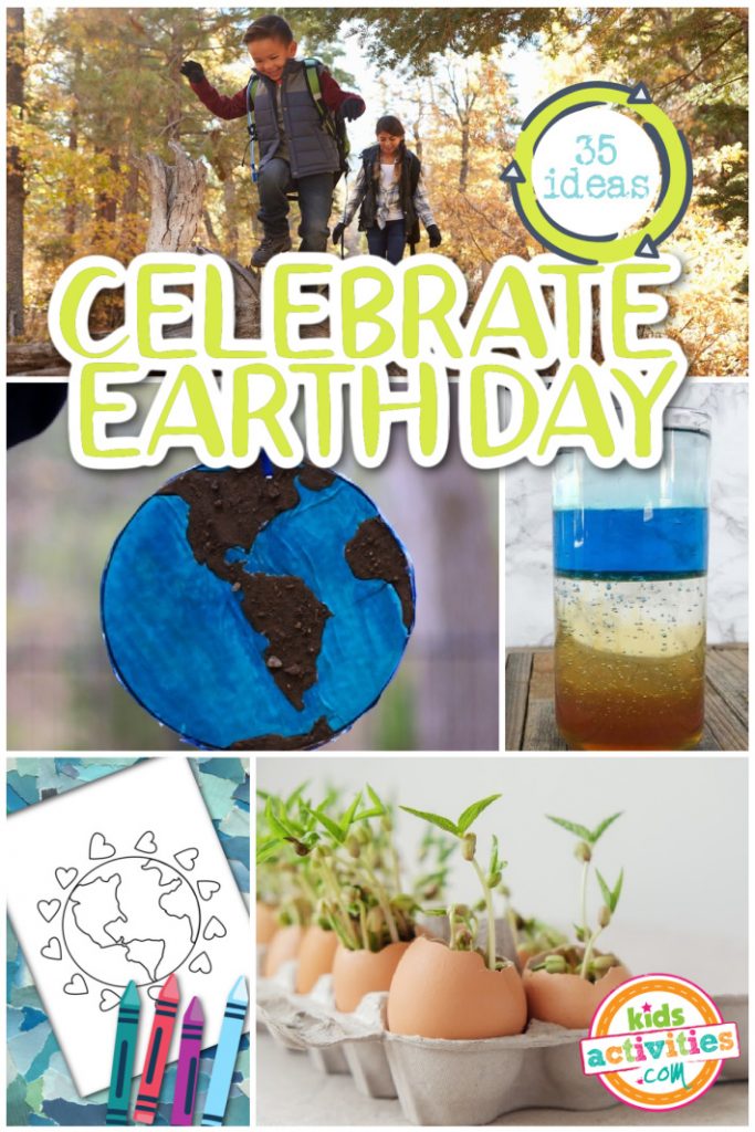 35 ideas to celebrate Earth Day from home with kids - 5 ideas pictured from the list - outside walk with family, Earth day craft, learn about earth's atmosphere, reuse recycle coloring pages and grow an egg carton garden
