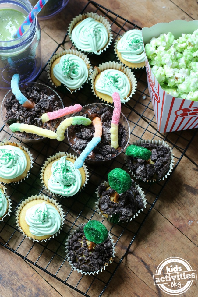 Things we can do on earth day to celebrate like these delicious earth cupcakes or dirty worm pudding or green popcorn.