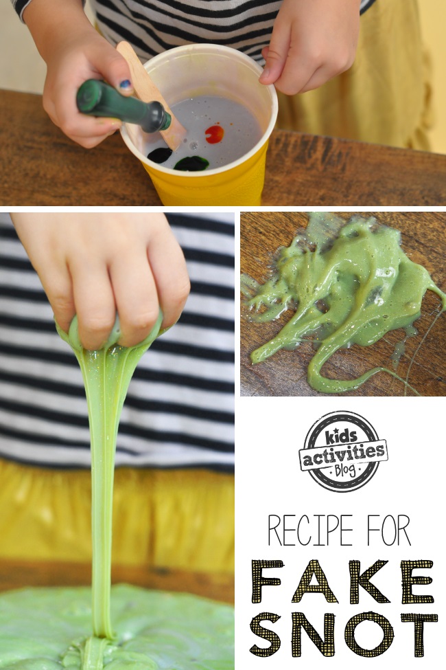 How to make fake snot slime recipe for kids - steps for making gross and fun slime activity - 3 images of fake snot play