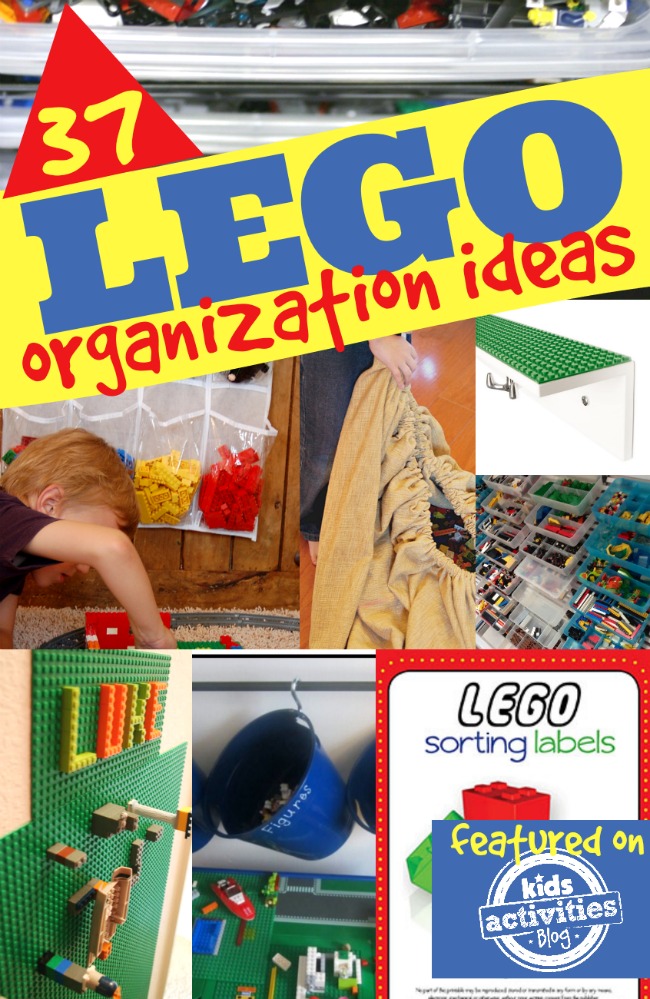 37 LEGO Organization Ideas with shoe storage holding LEGOS, lego wall mats, buckets full of legos.