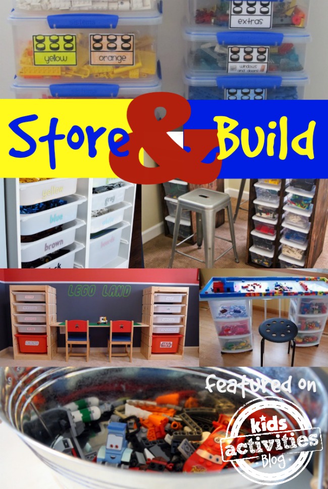 Store and build legos in containers labeled by colors, shelves, and barrels.