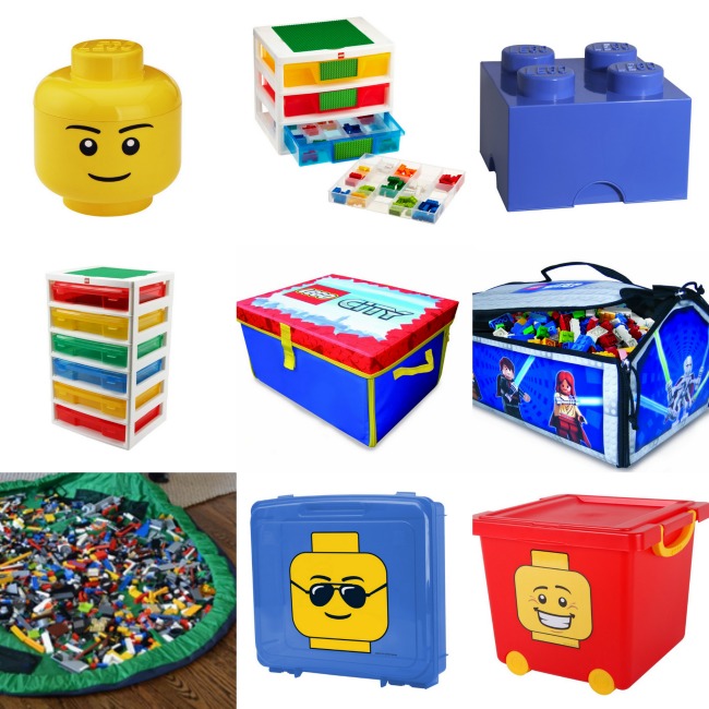 LEGO Storage Products and accessories like bins, totes, tubs, bags, and a head.