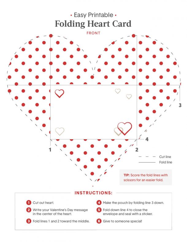 Valentine Heart Origami Card - what the free printable looks like with instructions