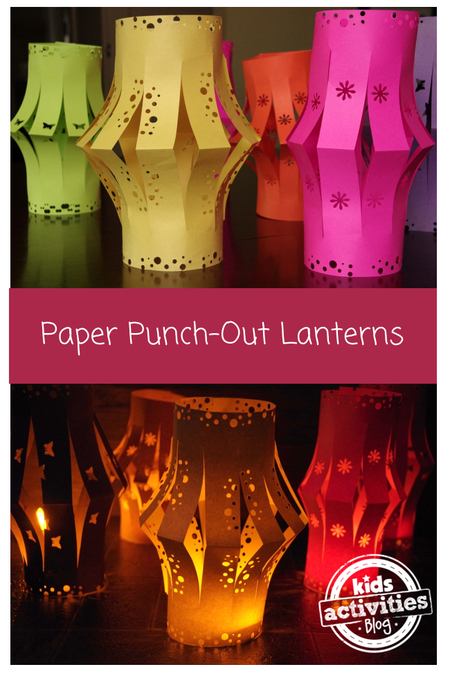 Tea light paper lanterns that have paper punch designs on them. There are yellow, green, orange, and pink lanterns that are lit up with LED lights because they are flameless paper lanterns.