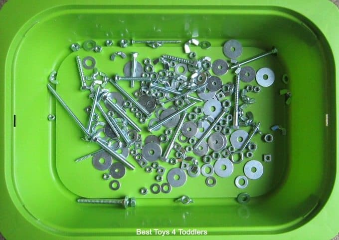 nuts and bolts sensory bin for kids - great fine motor control training - from Best Toys 4 Toddlers