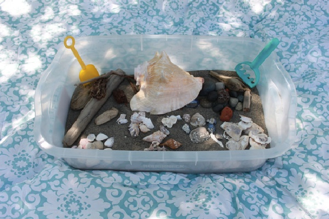 Beach sensory bin, with sand and shells in a plastic bin on a blue tablecloth.