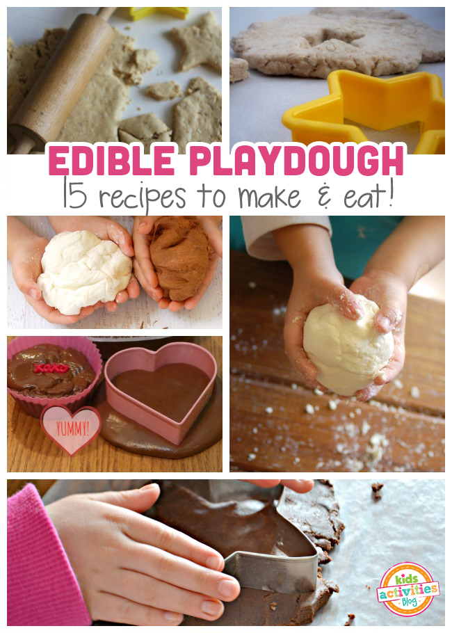 edible playdough recipes for kids - 15 edible playdough recipes for kids to make and eat - Kids Activities Blog - 6 edible play dough variations are shown with child's hands playing or making each one
